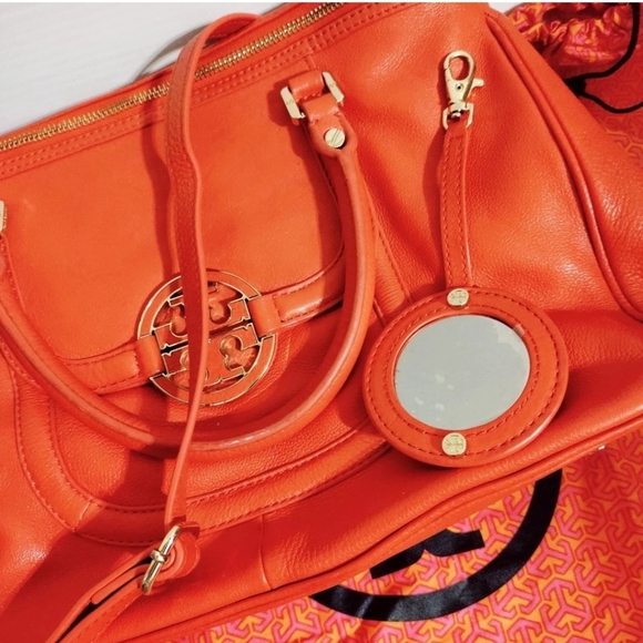 Tory Burch Amanda Orange Leather Logo Satchel Shoulder Bag –With Matching Mirror - Picture 11 of 14